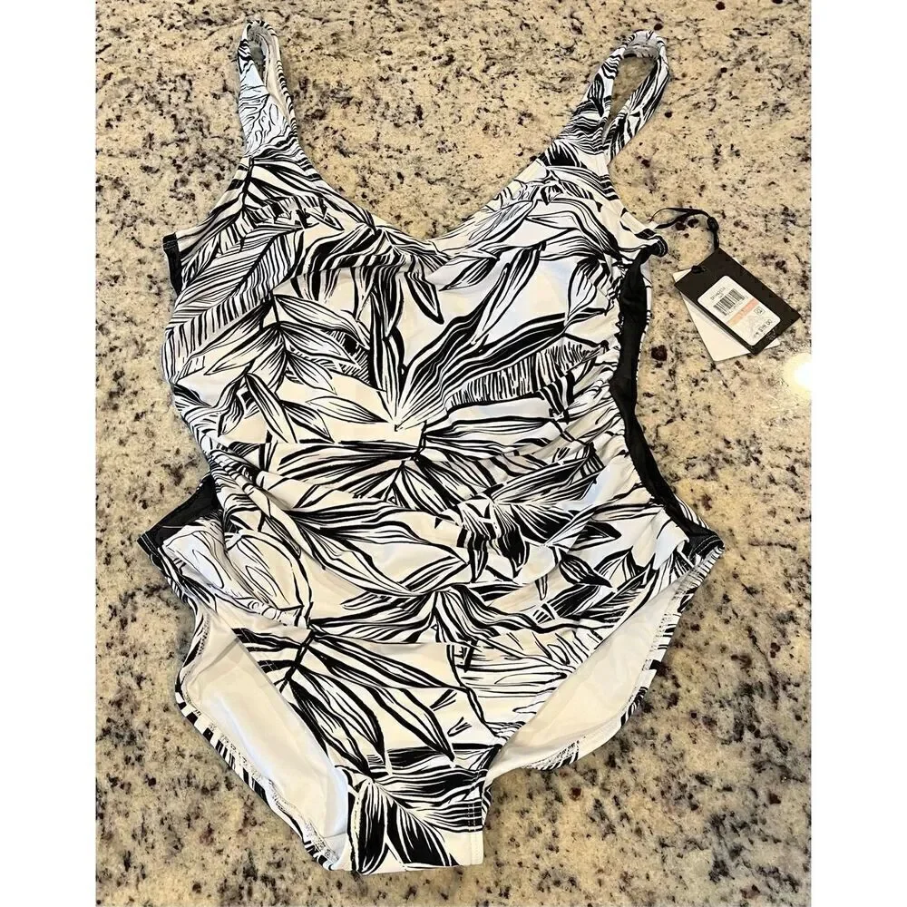 DKNY Women's White Printed Lined Removable Cups Mesh Scoop Neck One Piece Swimsu - Picture 2 of 5